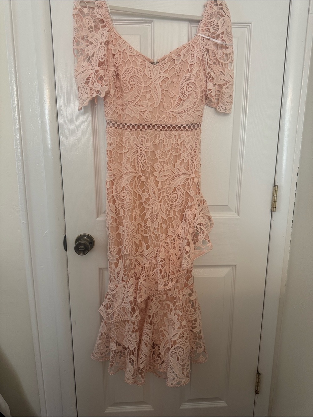 Lulu's Blush Pink Lace Ruffle Midi Dress